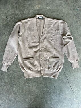 Men's Vintage Deon 100% Wool Neutral Beige Button-Up V-Neck Cardigan Sweater